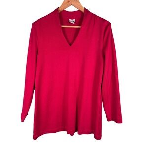 Chico's Women's Size 0 Small Red V-Neck Red Pima Cotton Long Sleeve Blouse Tops